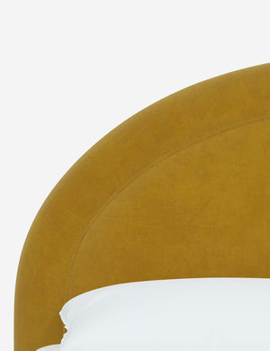 Close-up of the welted headboard on the Odele Citronella Yellow Velvet bed