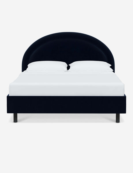 #color::navy-velvet #size::full #size::queen #size::king #size::cal-king | Odele navy Velvet upholstered bed with an arched headboard that has a welted border