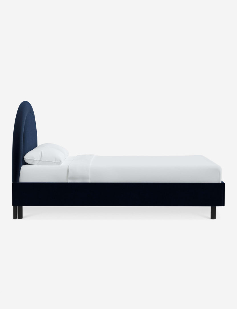 #color::navy-velvet #size::full #size::queen #size::king #size::cal-king | Side of the Odele navy Velvet bed