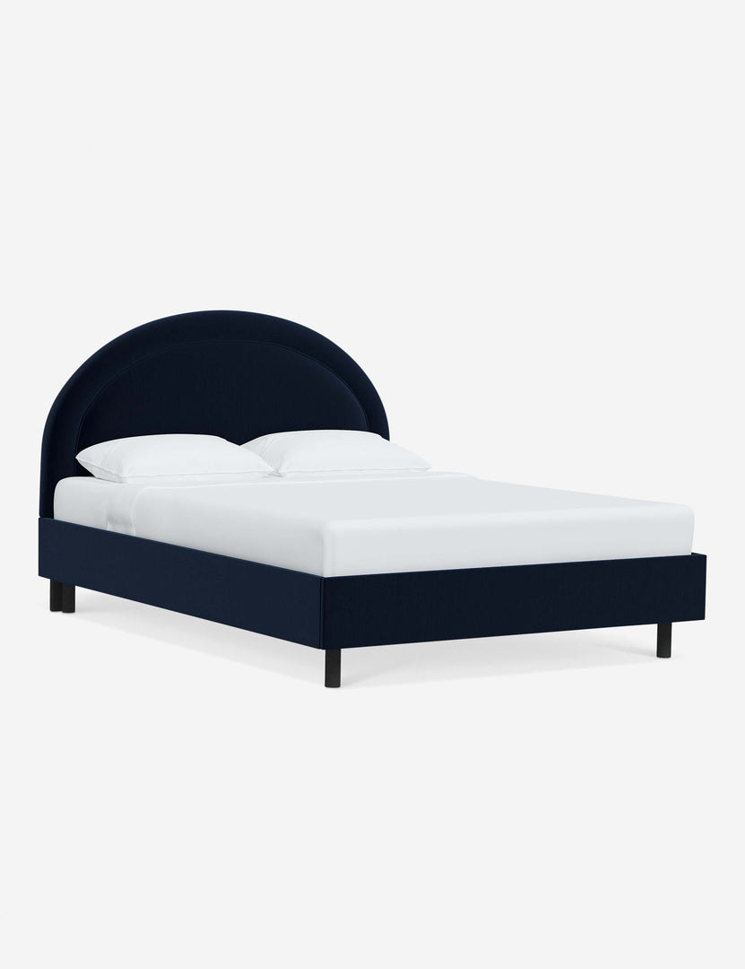 #color::navy-velvet #size::full #size::queen #size::king #size::cal-king | Angled view of the Odele navy Velvet bed
