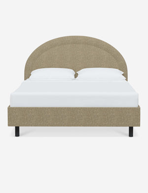 Odele Pebble Gray Linen upholstered bed with an arched headboard that has a welted border