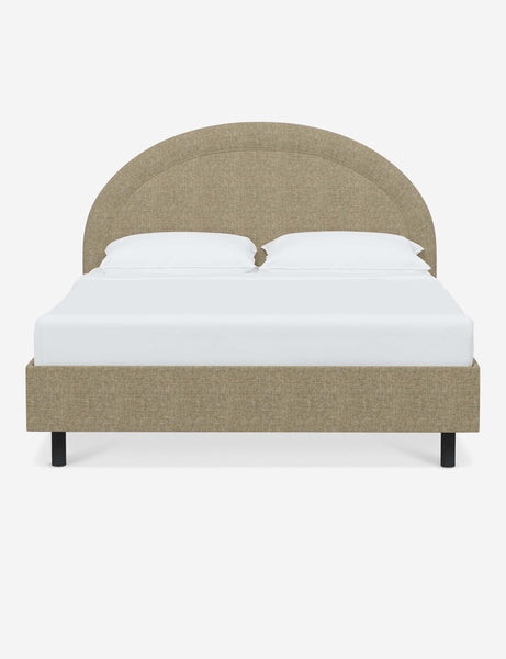 #color::pebble-linen #size::full #size::queen #size::king #size::cal-king | Odele Pebble Gray Linen upholstered bed with an arched headboard that has a welted border