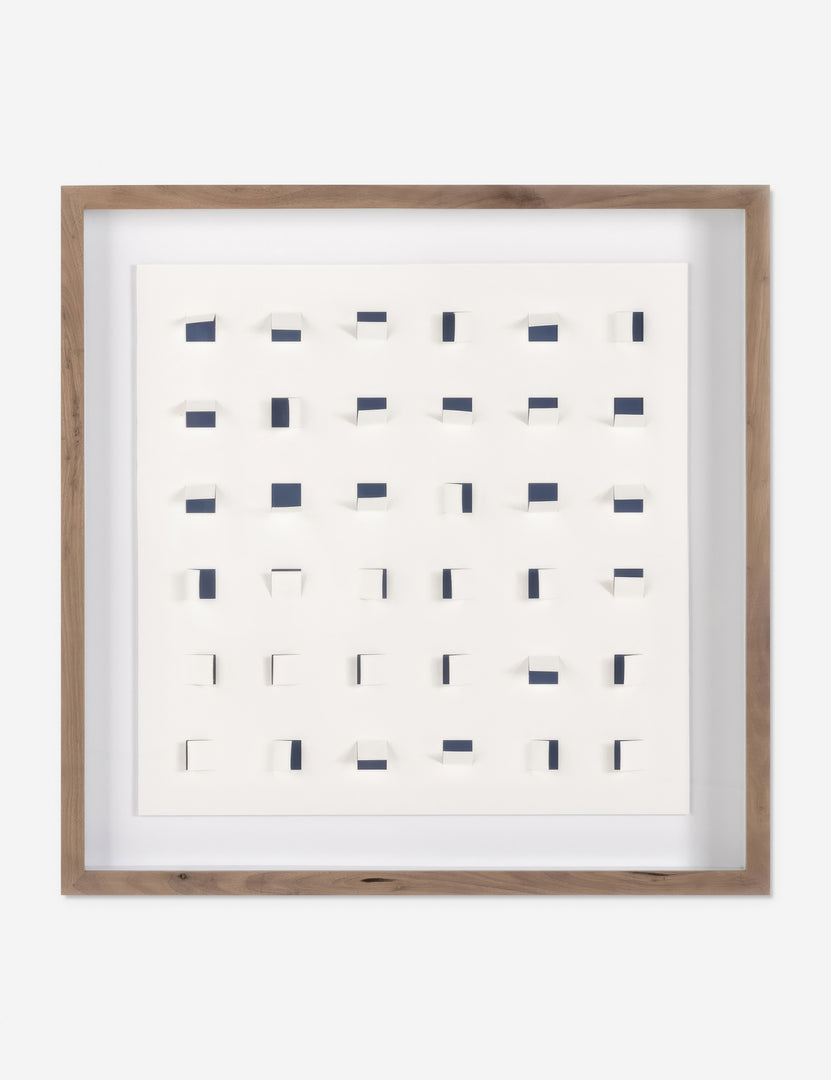 #color::navy-and-white #size::24--x-24- | See Through small navy and white wall art featuring square paper cutouts with flaps on a linen backdrop