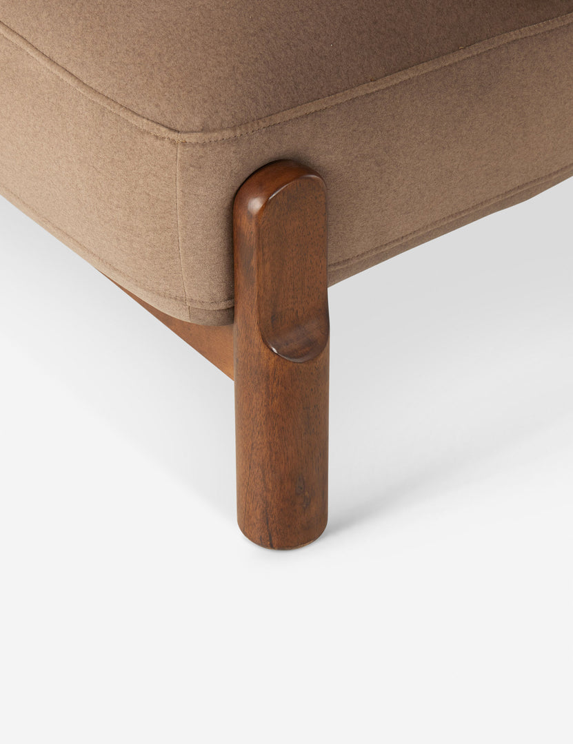 #color::taupe-velvet | Close up view of the Furst sculptural upholstered barrel back accent chair in taupe velvet.