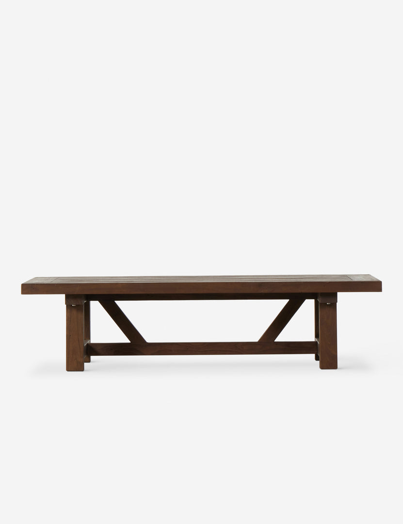 | Front view of the Kirkman solid teak rustic wood outdoor coffee table.