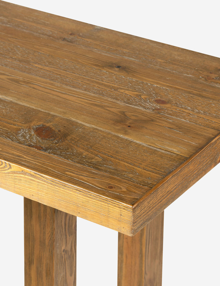 #color::natural | Close up view of the Hayman honey finish solid wood console table.