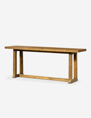 Angled view of the Hayman honey finish solid wood console table.