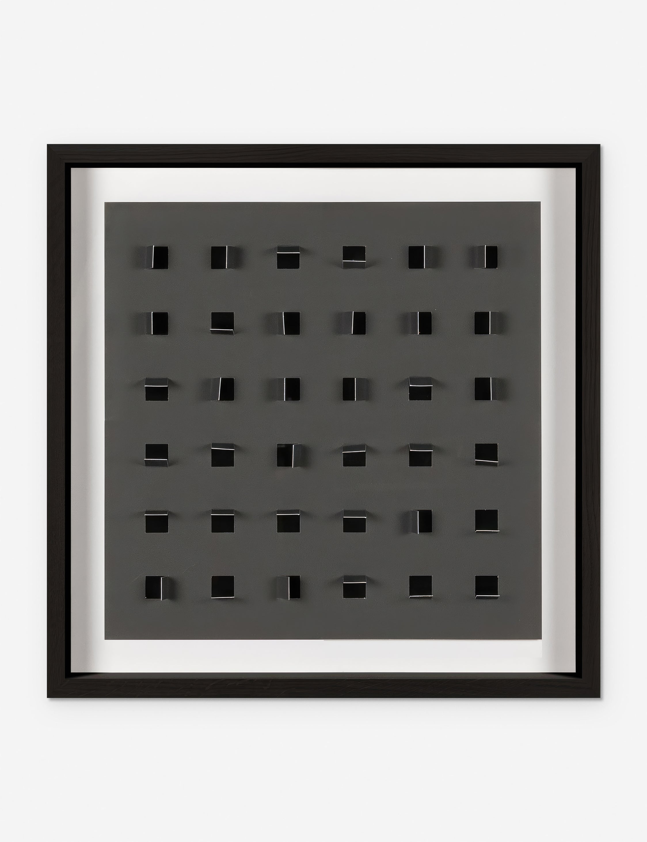 #color::charcoal-and-black #size::24--x-24- | See Through small charcoal gray and black wall art featuring square paper cutouts with flaps on a linen backdrop