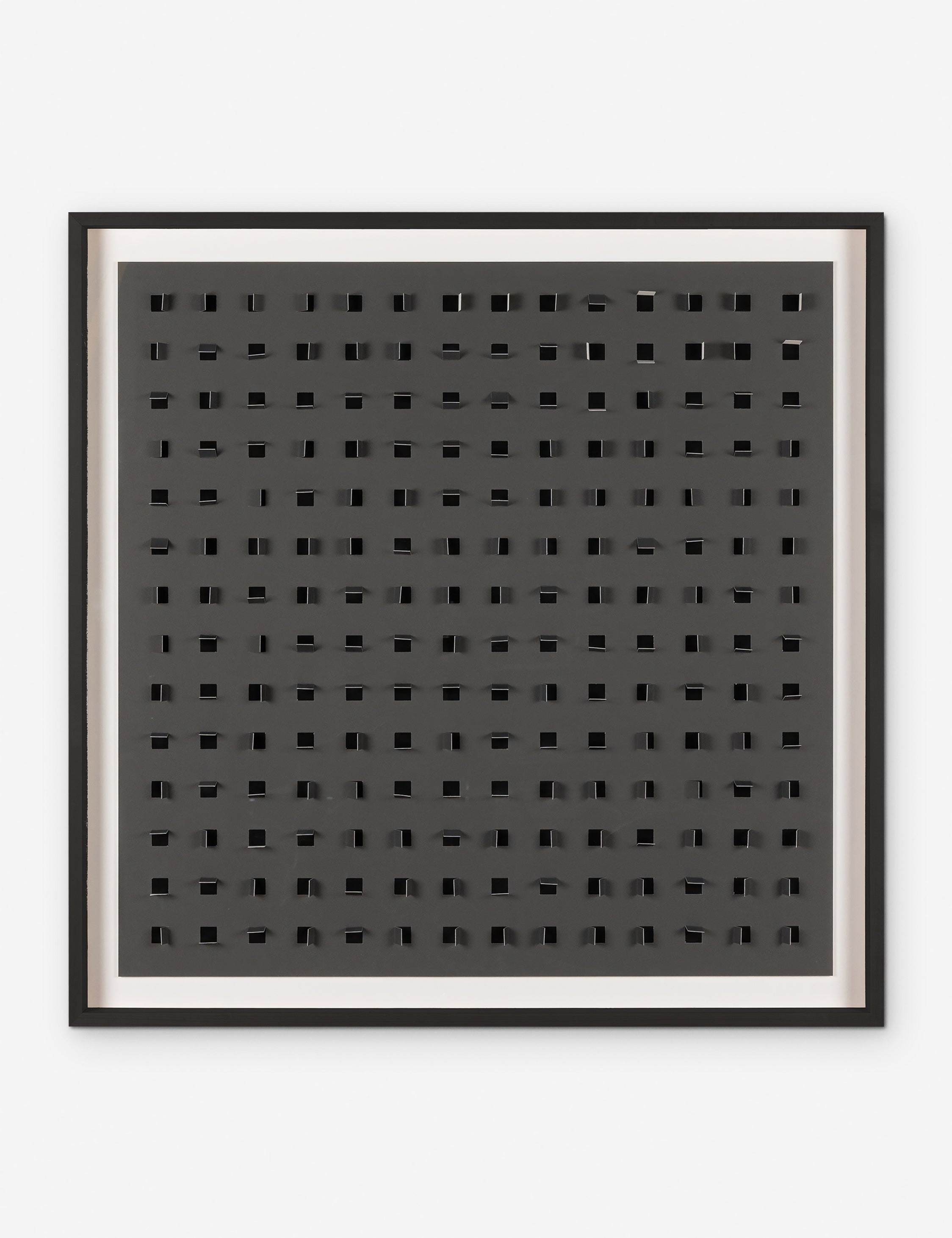 #color::charcoal-and-black #size::48--x-48- | See Through charcoal gray and black wall art featuring square paper cutouts with flaps on a linen backdrop