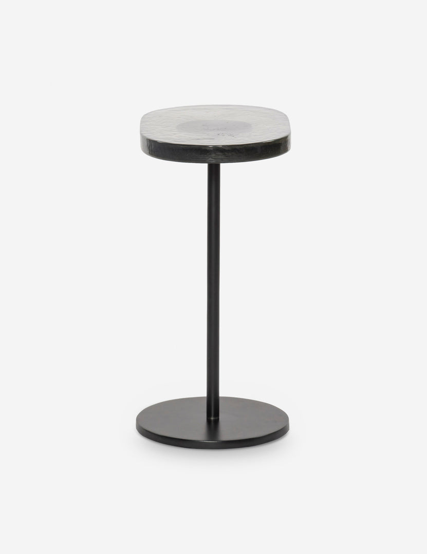 #color::black | Side view of the Ario slim iron glass top side table.