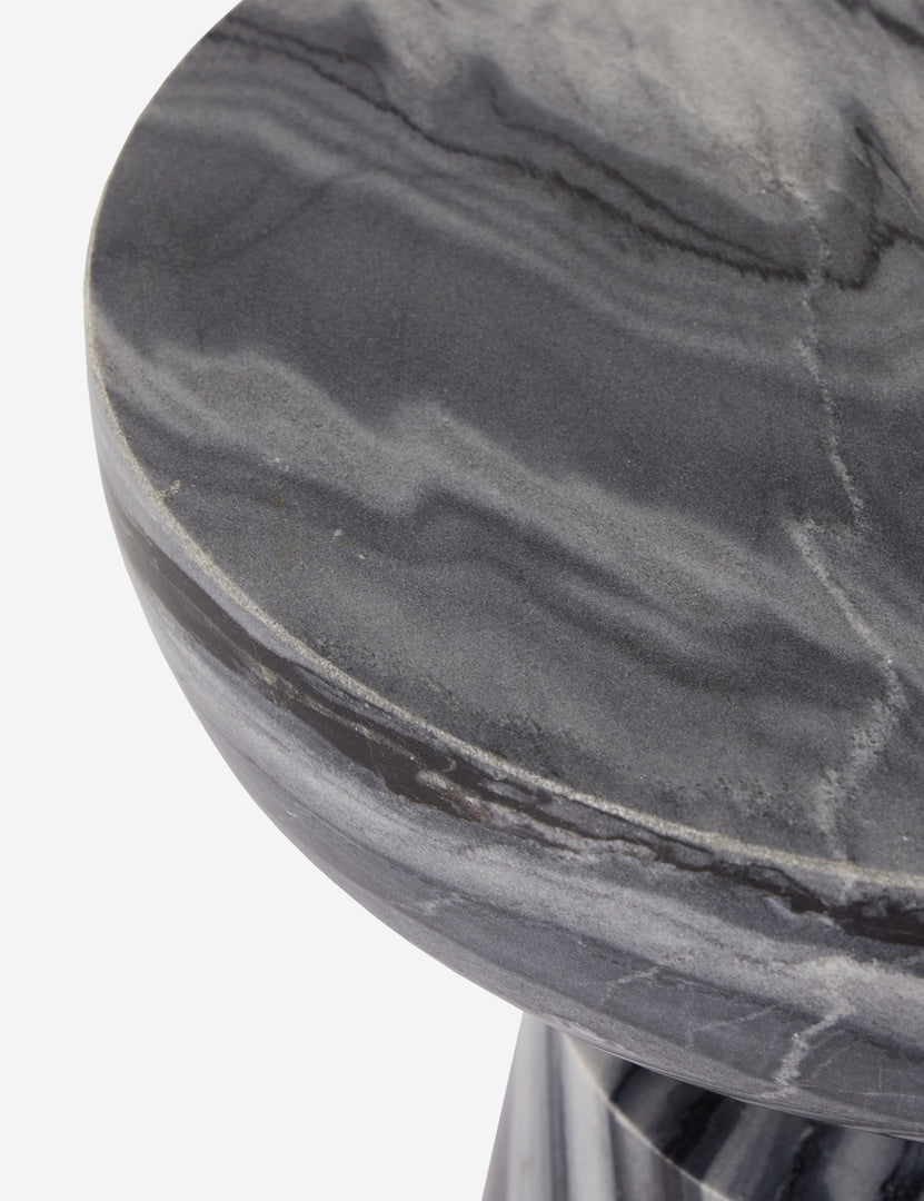 #color::gray-marble | Close up view of the marble top of the Zeller round carved ebony marble side table.