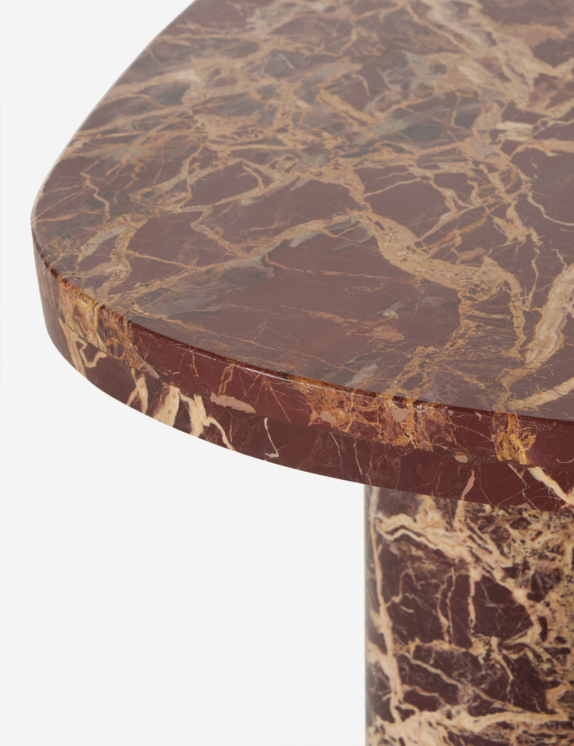 #color::merlot-marble | Corner of the Mariano polished red marble nesting coffee table.