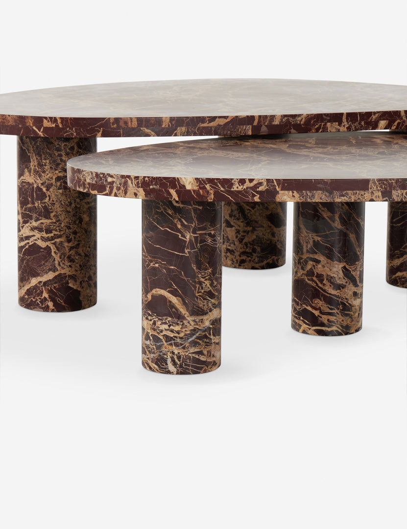 #color::merlot-marble | Close up view of the Mariano polished red marble nesting coffee table.