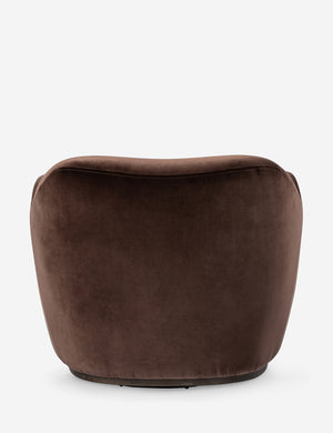 Back of the Selkie modern barrel swivel chair in brown velvet.