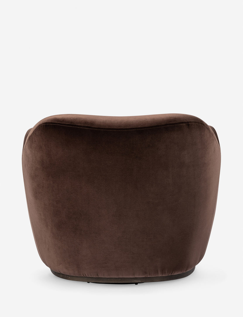 #color::brown-velvet | Back of the Selkie modern barrel swivel chair in brown velvet.