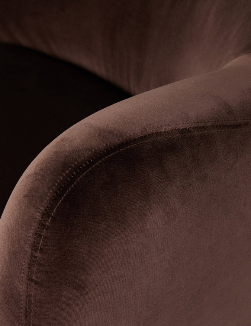 #color::brown-velvet | Close up of the fabric texture of the Selkie modern barrel swivel chair in brown velvet.