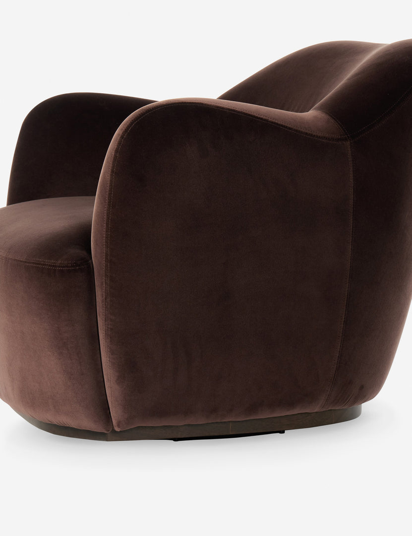 #color::brown-velvet | Side of the Selkie modern barrel swivel chair in brown velvet.