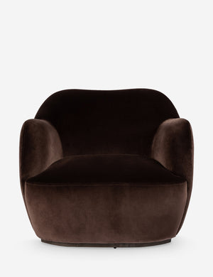 Selkie modern barrel swivel chair in brown velvet.