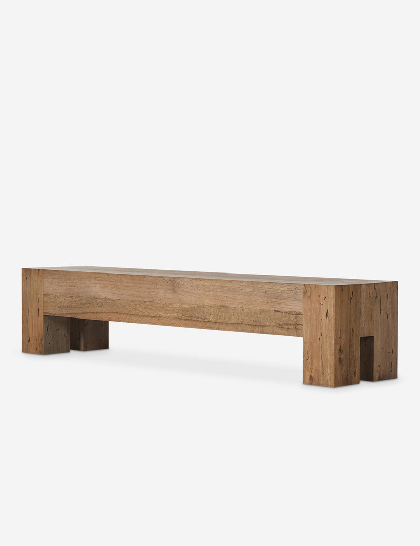#color::natural | Angled view of the Bevan chunky leg distressed wood bench in natural.