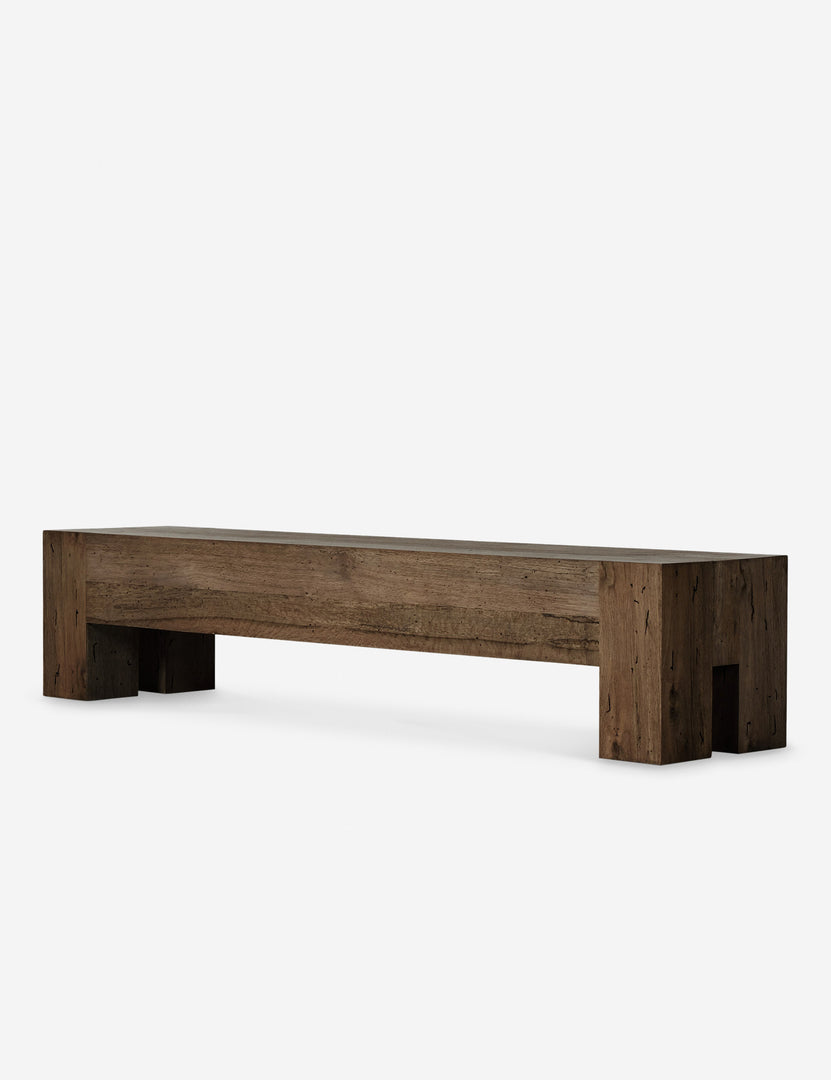 #color::brown | Angled view of the Bevan chunky leg distressed wood bench in brown.