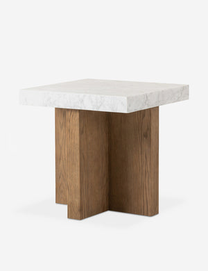 Angled view of the Ozawa mixed-material, marble top side table.