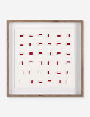 See Through small cherry red and white wall art featuring square paper cutouts with flaps on a linen backdrop