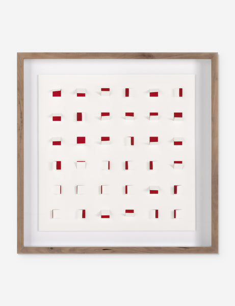#color::cherry-and-white #size::24--x-24- | See Through small cherry red and white wall art featuring square paper cutouts with flaps on a linen backdrop