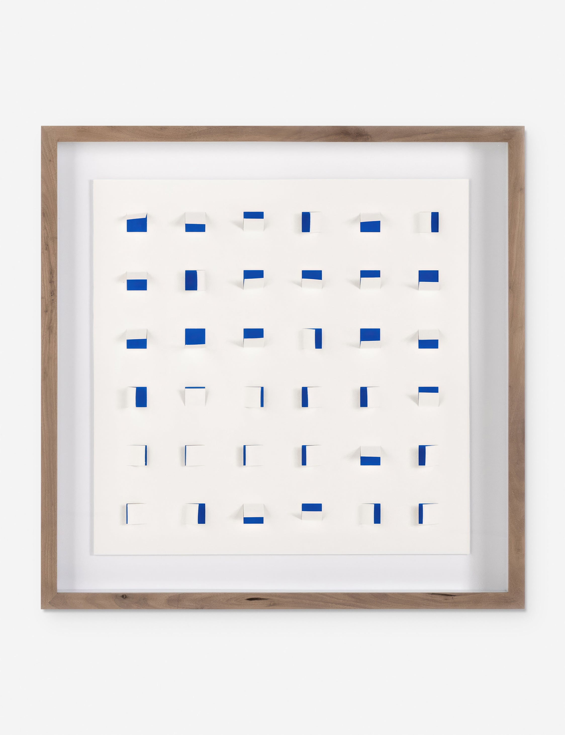 #color::cobalt-and-white #size::24--x-24- | See Through small navy and white wall art featuring square paper cutouts with flaps on a linen backdrop