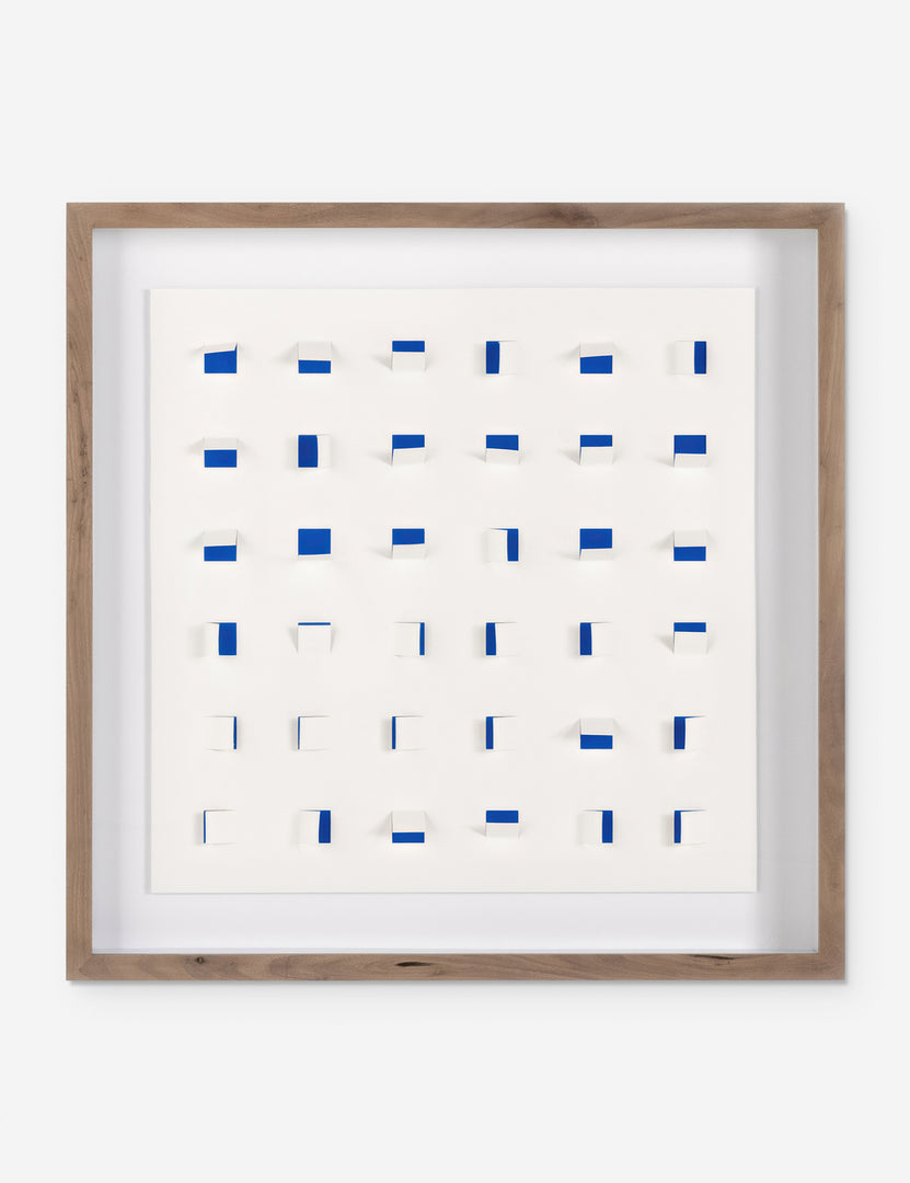 #color::cobalt-and-white #size::24--x-24- | See Through small navy and white wall art featuring square paper cutouts with flaps on a linen backdrop