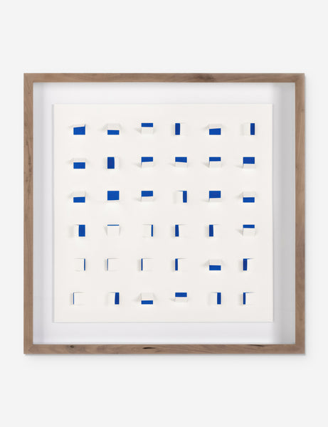 #color::cobalt-and-white #size::24--x-24- | See Through small navy and white wall art featuring square paper cutouts with flaps on a linen backdrop