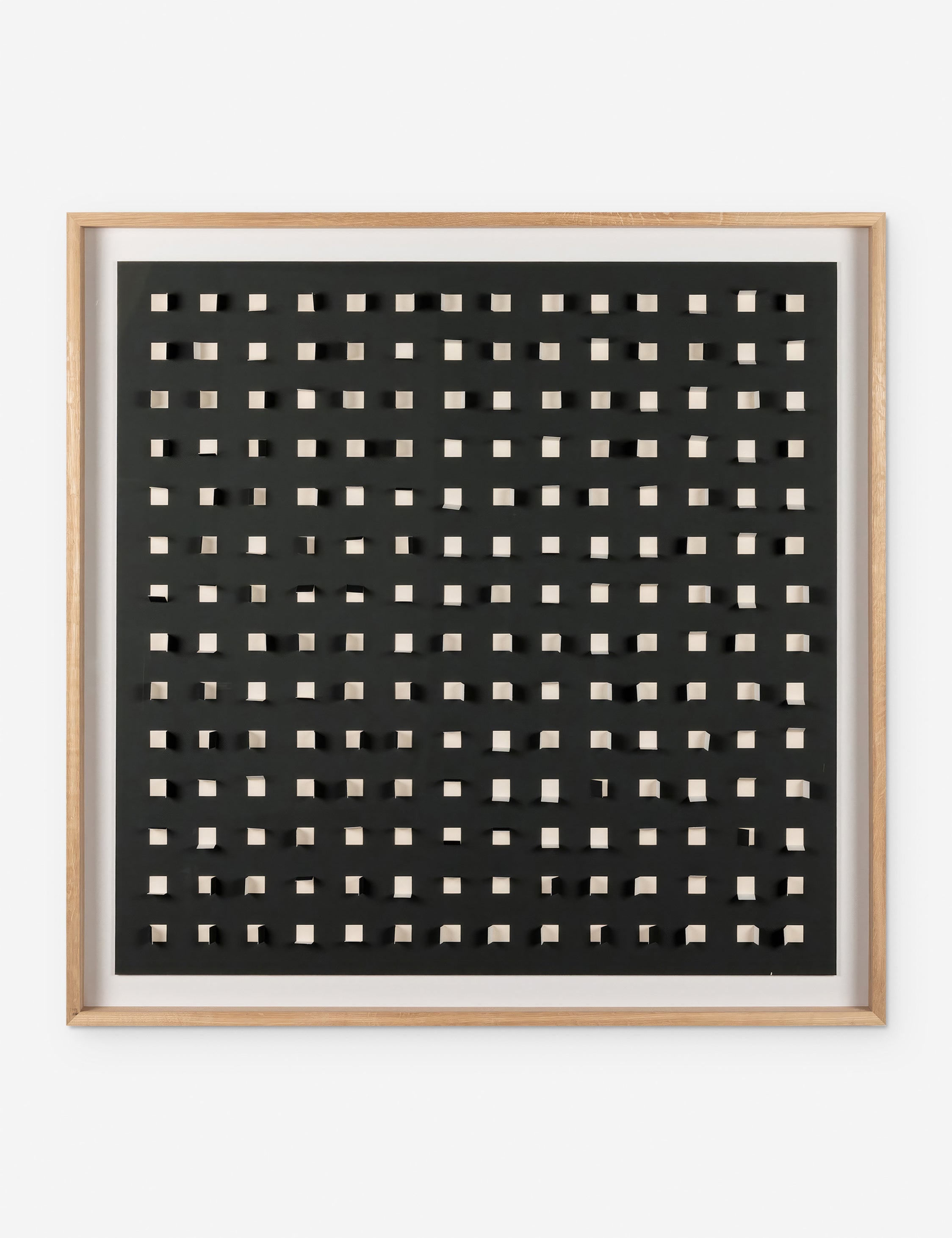 #color::black-and-white #size::48--x-48- | See Through black and white wall art featuring square paper cutouts with flaps on a linen backdrop