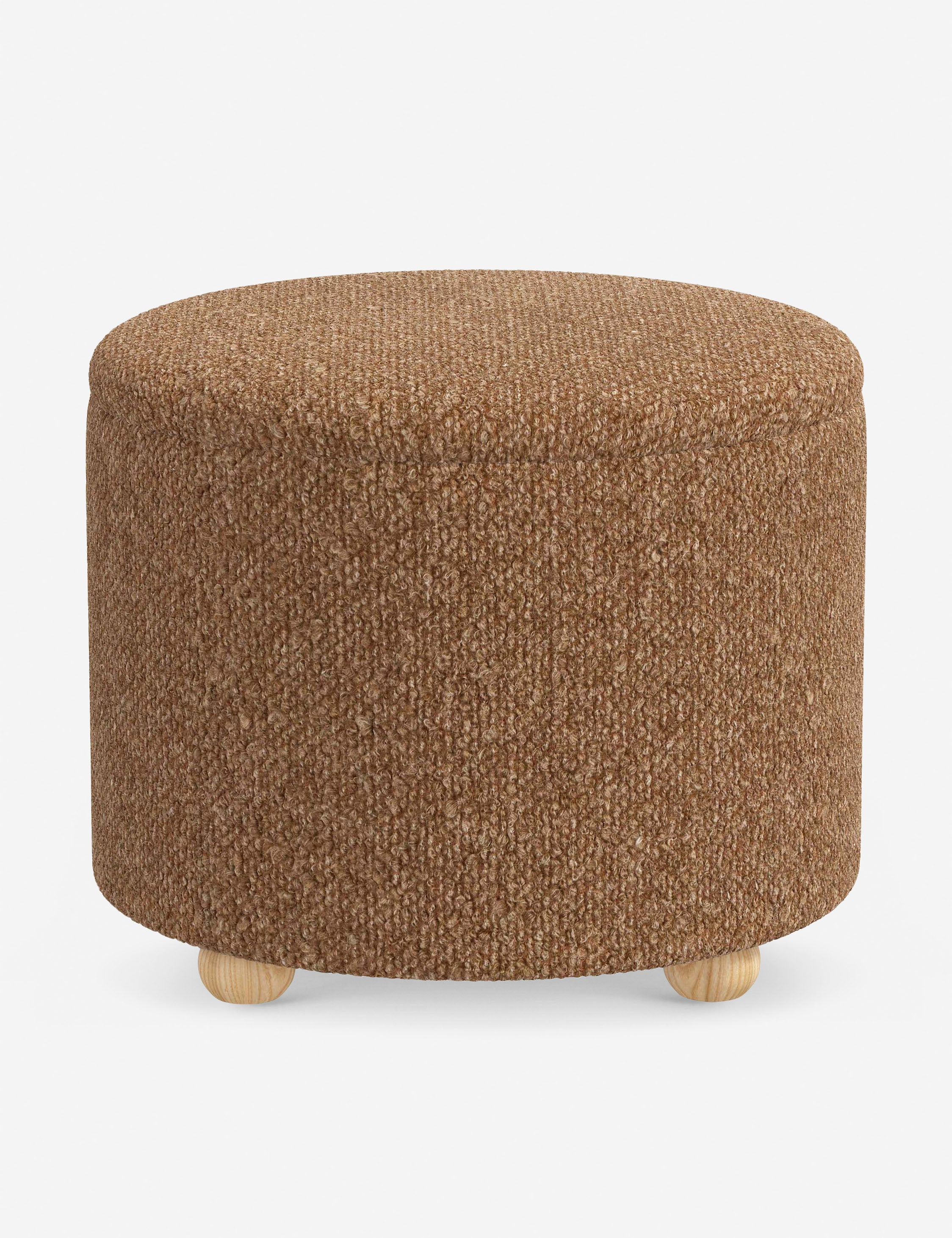 #color::brown-boucle #size::24-Dia | Kamila Brown Boucle 24-inch round ottoman with storage space and pinewood feet