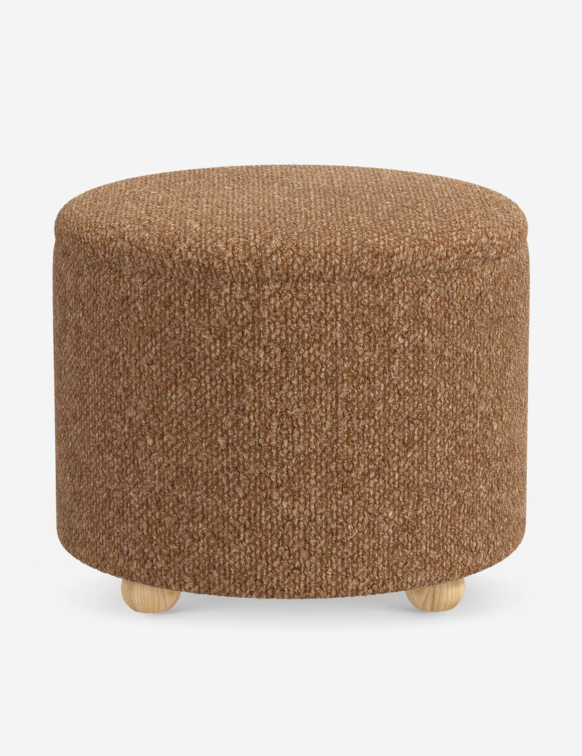#color::brown-boucle #size::24-Dia | Kamila Brown Boucle 24-inch round ottoman with storage space and pinewood feet