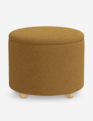 Kamila Ochre Boucle 24-inch round ottoman with storage space and pinewood feet
