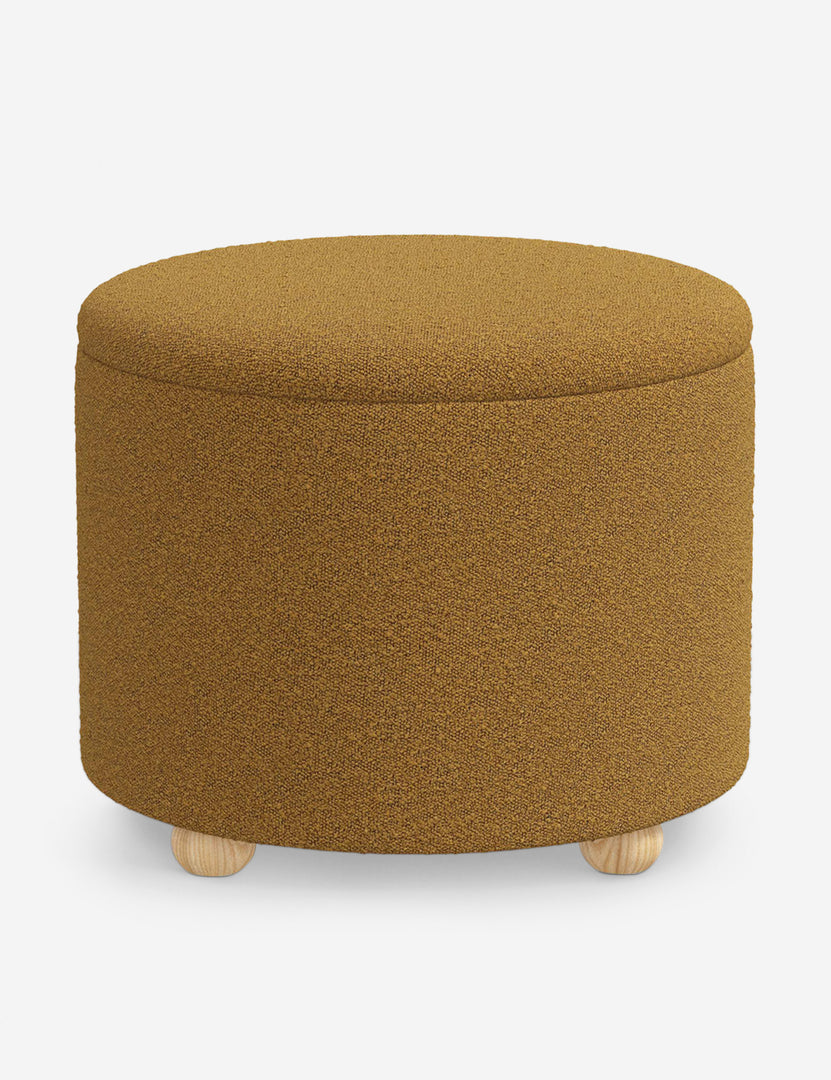 #color::ochre-boucle #size::24-Dia | Kamila Ochre Boucle 24-inch round ottoman with storage space and pinewood feet