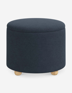 Kamila Navy Linen 24-inch round ottoman with storage space and pinewood feet
