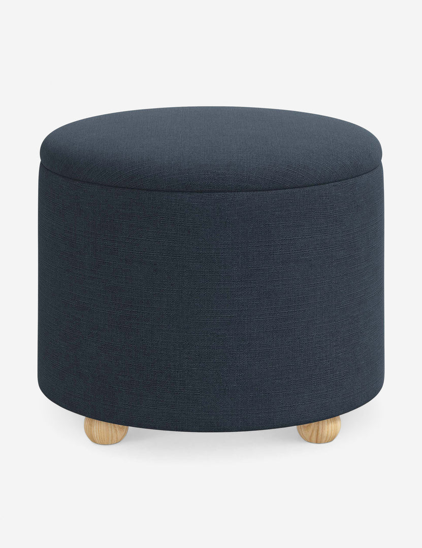 #color::navy-linen #size::24-Dia | Kamila Navy Linen 24-inch round ottoman with storage space and pinewood feet