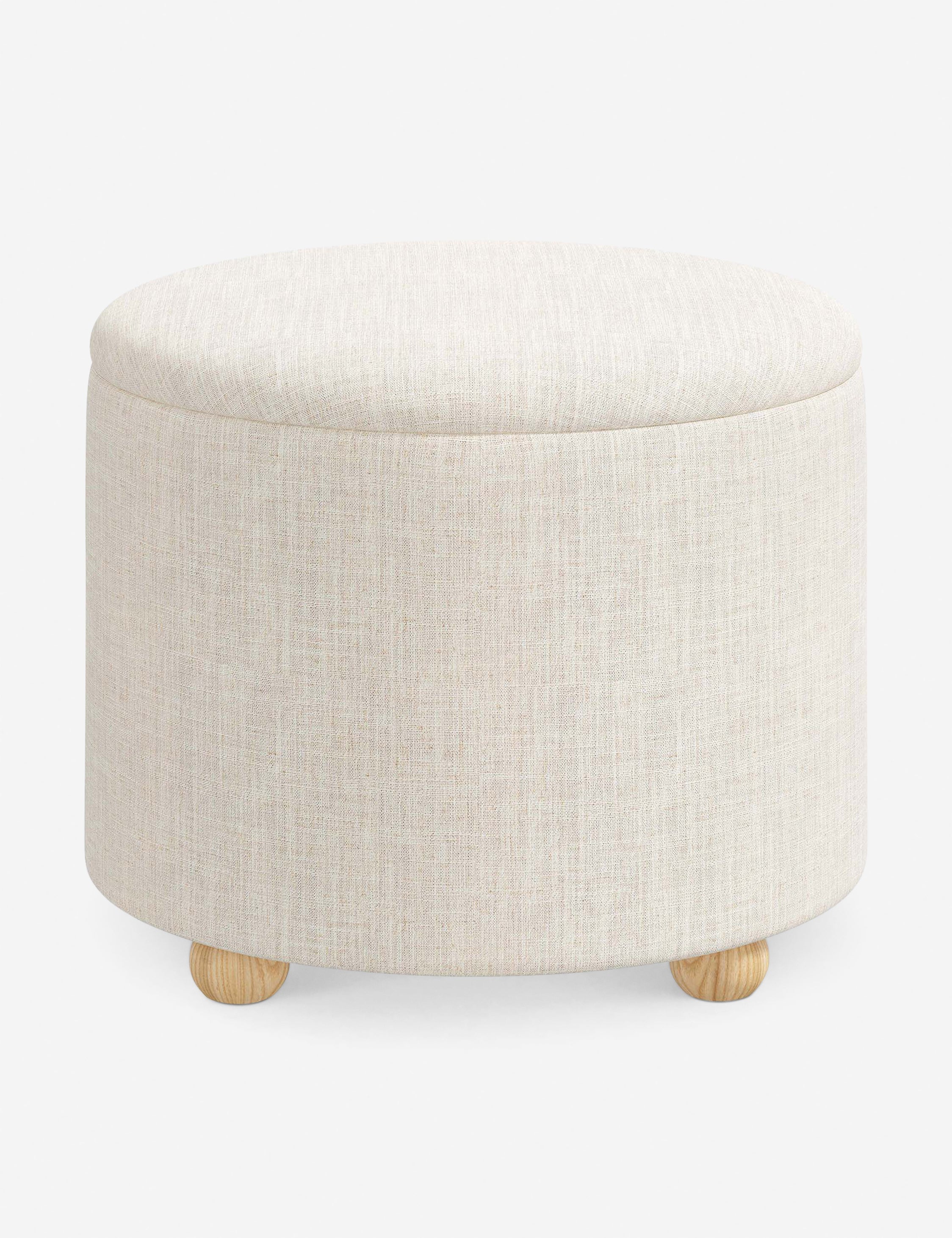 #color::talc-linen #size::24-Dia | Kamila Talc Linen 24-inch round ottoman with storage space and pinewood feet