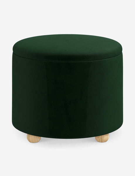 #color::emerald-velvet #size::24-Dia | Kamila Emerald Green Velvet 24-inch round ottoman with storage space and pinewood feet