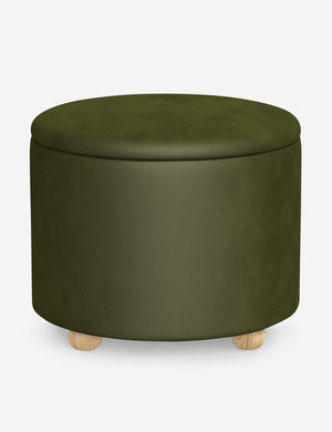 Kamila Pine Green Velvet 24-inch round ottoman with storage space and pinewood feet