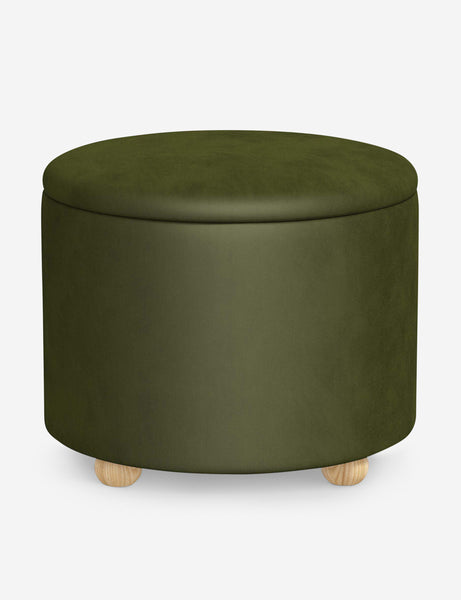#color::pine-velvet #size::24-Dia | Kamila Pine Green Velvet 24-inch round ottoman with storage space and pinewood feet