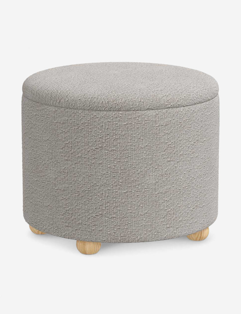 #color::moonlight-boucle #size::24-Dia | Angled view of the Kamila Moonlight Gray Boucle 24-inch ottoman