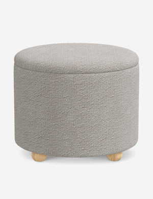 Kamila Moonlight Gray Boucle 24-inch round ottoman with storage space and pinewood feet