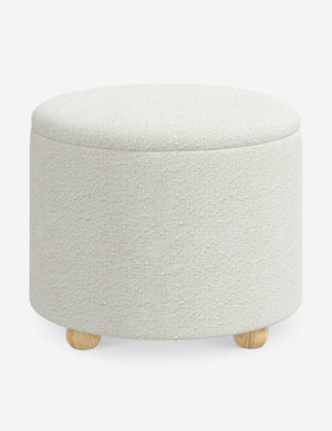 Kamila White Boucle 24-inch round ottoman with storage space and pinewood feet