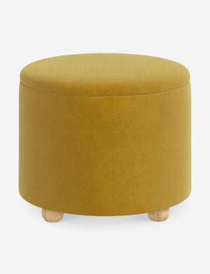 Kamila Citronella Yellow Velvet 24-inch round ottoman with storage space and pinewood feet