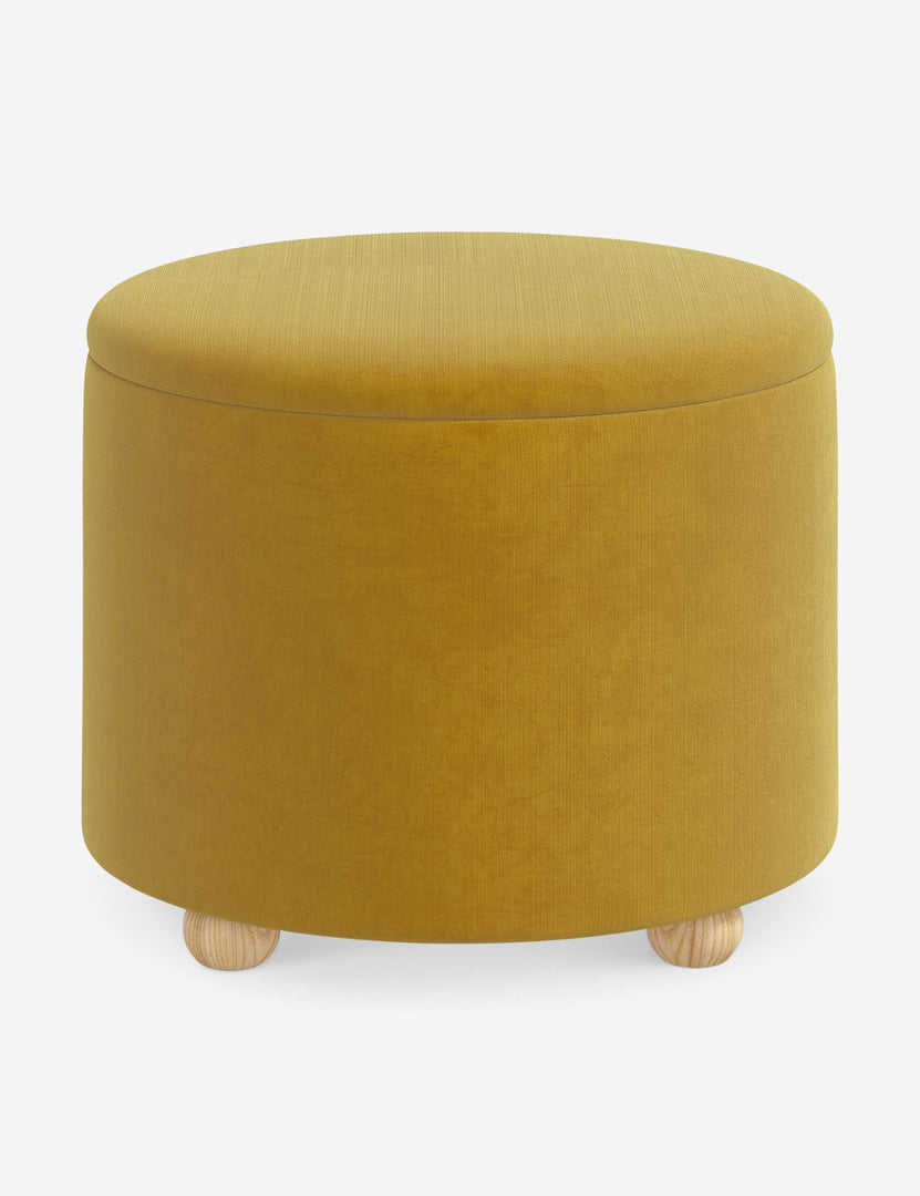 #color::citronella-velvet #size::24-Dia | Kamila Citronella Yellow Velvet 24-inch round ottoman with storage space and pinewood feet