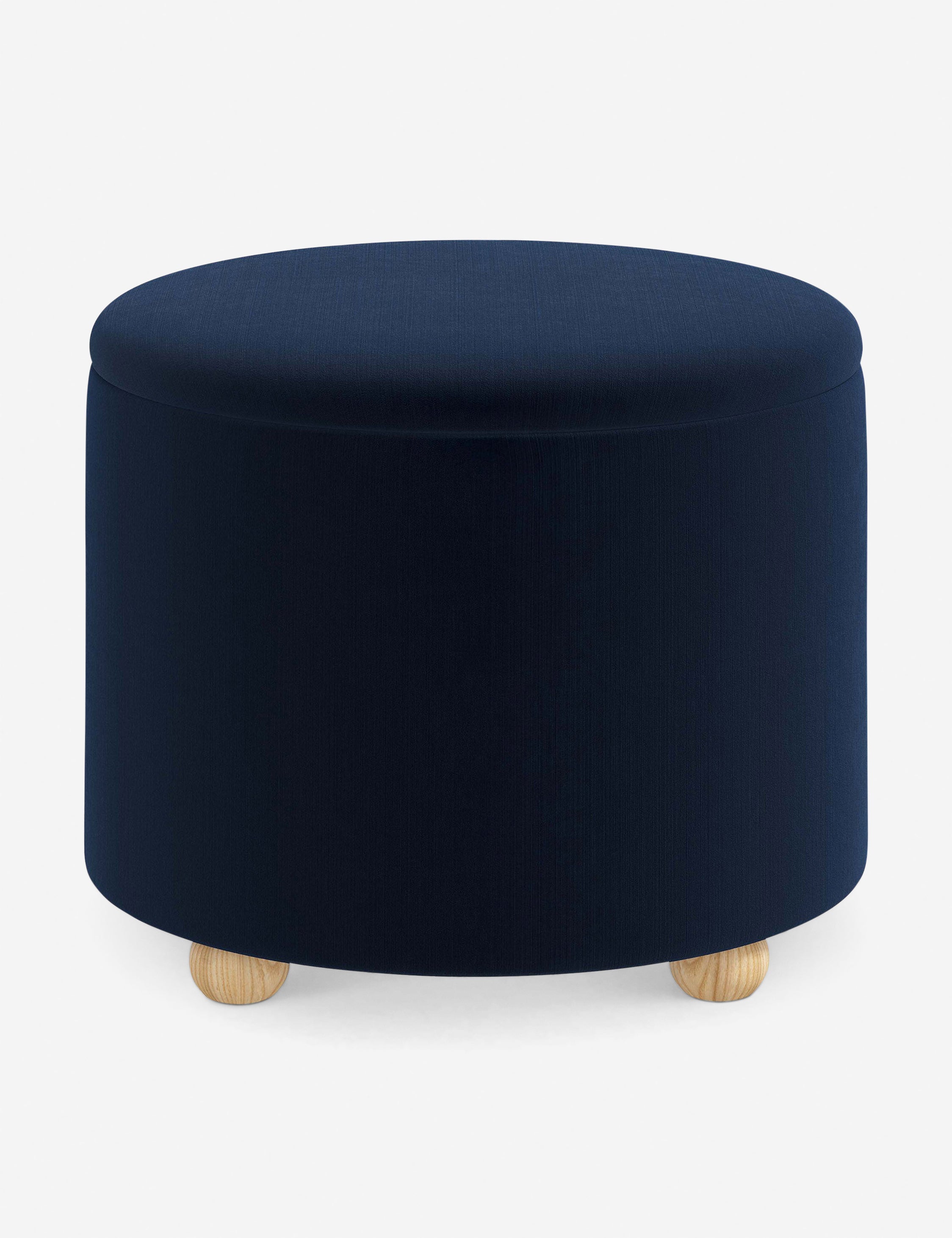 #color::navy-velvet #size::24-Dia | Kamila Navy Velvet 24-inch round ottoman with storage space and pinewood feet