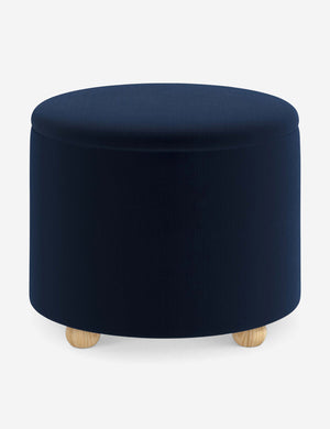 Kamila Navy Velvet 24-inch round ottoman with storage space and pinewood feet