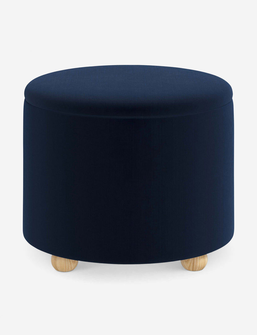 #color::navy-velvet #size::24-Dia | Kamila Navy Velvet 24-inch round ottoman with storage space and pinewood feet