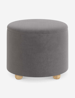 Kamila Steel Gray Velvet 24-inch round ottoman with storage space and pinewood feet